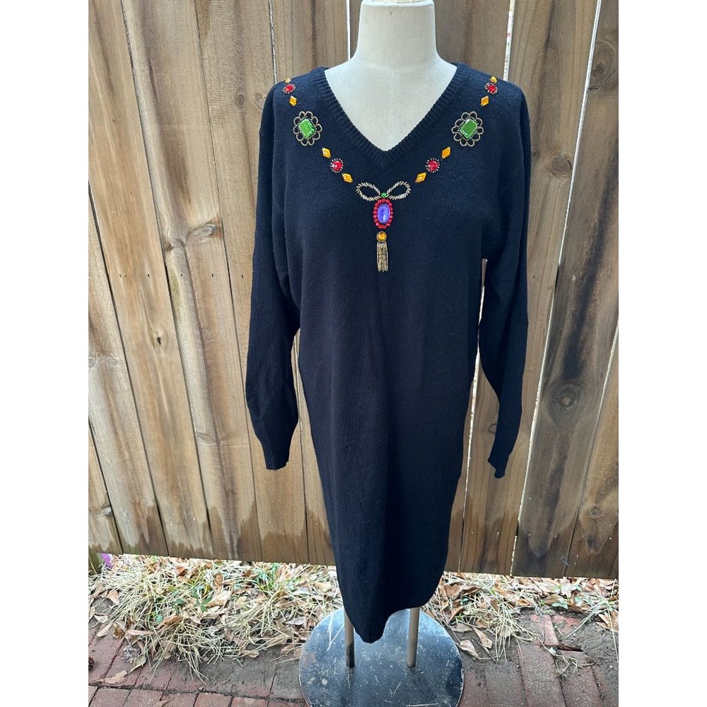 Vintage 80s PLAIN JANE by Sweet Baby Jane Embellished Jeweled Sweater DRESS L